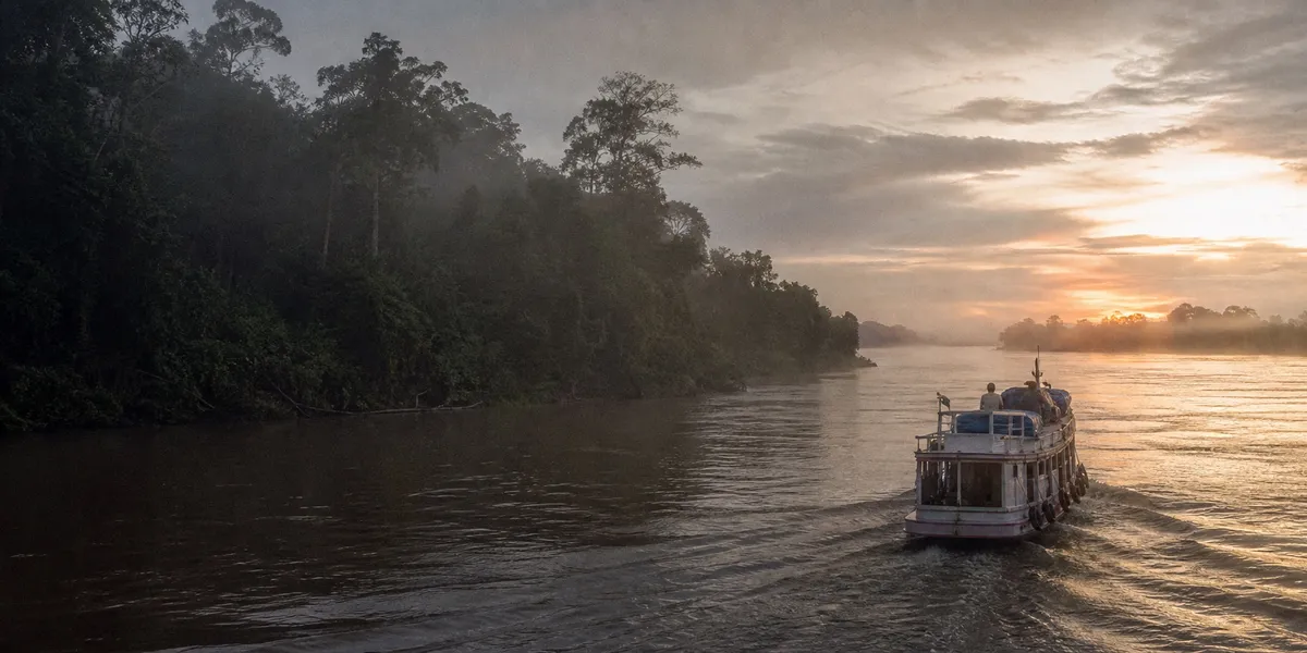 A small working passenger boat moving along a broad forest-lined Amazon river at dawn