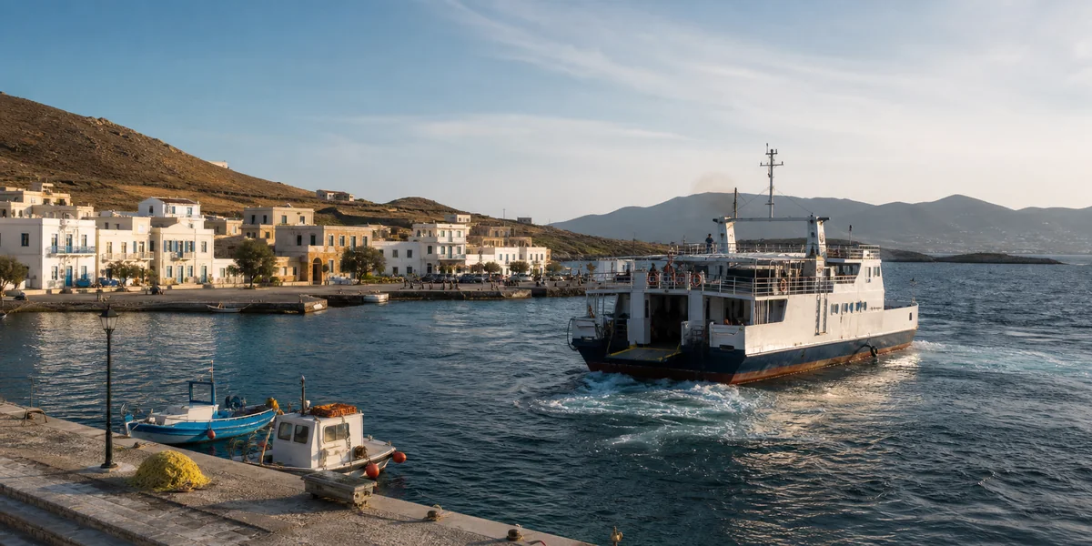 A working passenger ferry leaving a small whitewashed Cycladic harbour in warm evening light