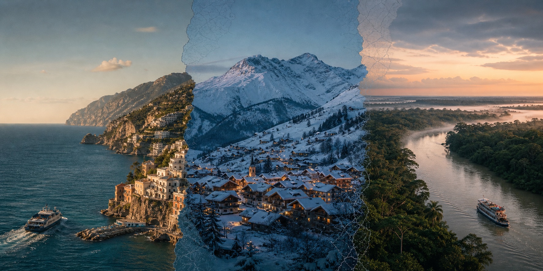 A Mediterranean harbour, an Alpine village after snow and a small boat on an Amazon river